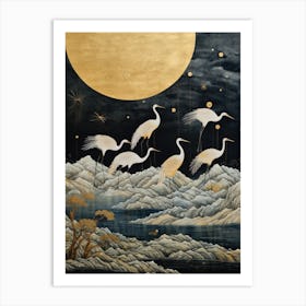 Cranes Under The Moon Art Print