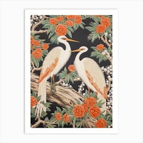 Orange Flowers And Cranes Vintage Japanese Botanical Art Print