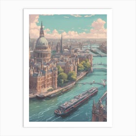 London City River Thames Fun Sunny Day Busling Ghibli Style Paints Art Print