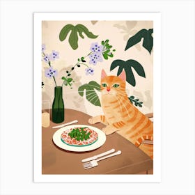 Cat And Pasta With Spinach Art Print