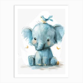 Small Joyful Elephant With A Bird On Its Head 8 Art Print