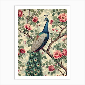 Cream Vintage Peony Peacock Art Print