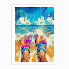 Painting Of Colorful Feet With Flip Flops On Sandy Beach 1 Art Print