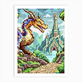 A Fantasy Pixel Art Scene With A Dragon Art Print