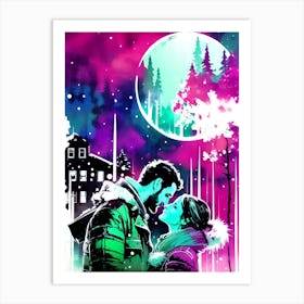 Couple Kissing In The Snow Art Print