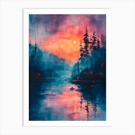 Watercolor Sunset On The Lake Art Print