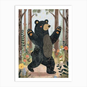 American Black Bear Dancing In The Woods Storybook Illustration 1 Art Print