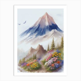 Watercolor Of Beautiful Mountains And Flowers Art Print