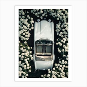 White Car Surrounded By Flowers Art Print