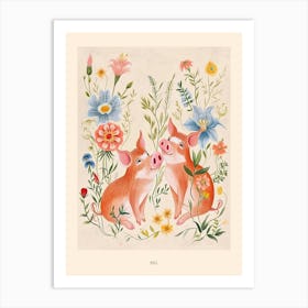 Folksy Floral Animal Drawing Pig 2 Poster Art Print