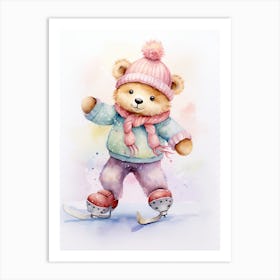 Ice Skating Teddy Bear Painting Watercolour 3 Art Print