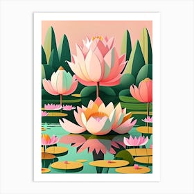 Lotus Flowers In Park Scandi Cartoon 4 Art Print