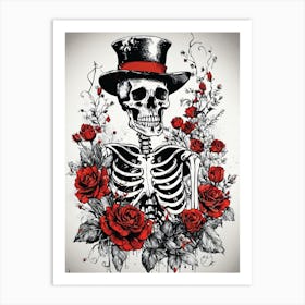 Floral Skeleton With Hat Ink Painting (91) Art Print