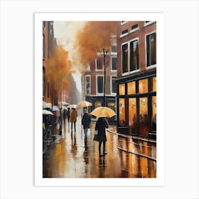 Amsterdam cafes, autumn season, rain, autumn oil colours.Faded colours,People passing on the street, winter clothes, rain umbrellas.7 1 Art Print