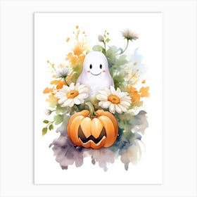 Cute Ghost With Pumpkins Halloween Watercolour 115 Art Print