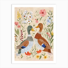 Folksy Floral Animal Drawing Duck 2 Art Print