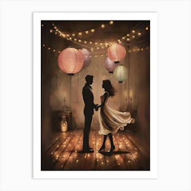 Silhouette Of Couple Holding Lanterns Art Print