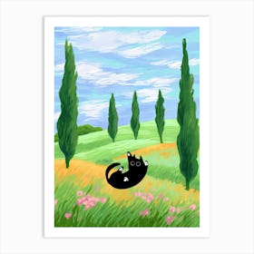 Black Cat Field Trees Art Print