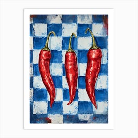 Red Chillis Blue Checkerboard 4 Art Print