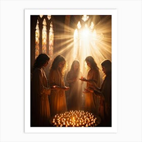 Candlelight Vigil During Spiritual Celebration Rays Of Soft Golden Light Breaking Through Stained G (1) Art Print