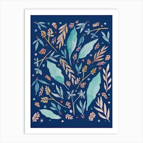 Navy Watercolour Florals And Leaves Art Print