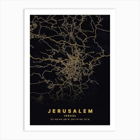 Jerusalem Israel Black And Gold Map Art Print