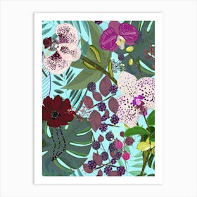 Orchid And Cosmos Flower Botanical Floral Pattern Art Print