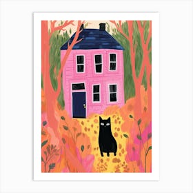 Black Cat And Pink House Art Print