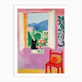 Open Window Painting With A Black Cat Art Print