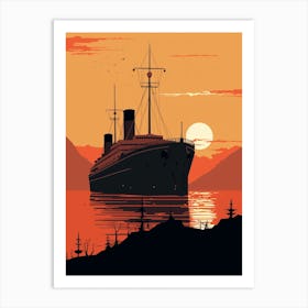 Titanic Ship At Sunset Sea Minimalist Illustration 2 Art Print