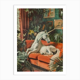 Unicorn Lounging A Sofa Surrounded By Plants Art Print