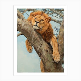 African Lion Climbing A Tree Acrylic Painting 1 Art Print