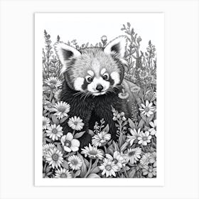 Red Panda Cub In A Field Of Flowers Ink Illustration 4 Art Print
