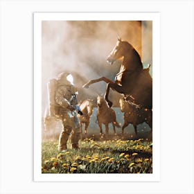 personnes dans un champ avec des chevaux Art Print