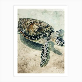 Sea Turtle On The Ocean Floor Textured Illustration 1 Art Print