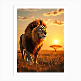 Majestic Lion In The Savannah During A Golden Sunset Art Print