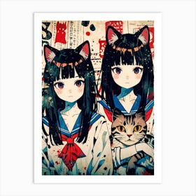 Two Anime Girls Holding A Cat Art Print