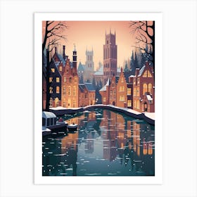 Winter Travel Night Illustration Bruges Belgium 3 Art Print