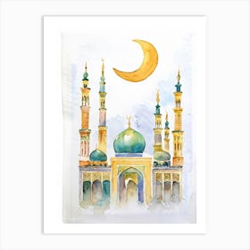 Watercolor Style Illustration Of A Majestic Mosque Minarets Towering Gracefully Into The Sky Dome Art Print