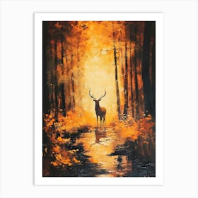 Deer In The Woods Orange Background Art Print