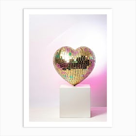 Heart Shaped Disco Ball Gold With Pink Orange Purple Green Sparkles Floating In White Space St Art Print