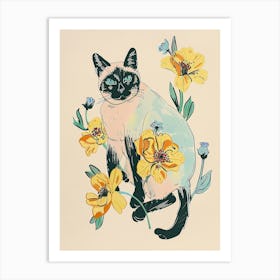 Cute Burmese Cat With Flowers Illustration 3 Art Print
