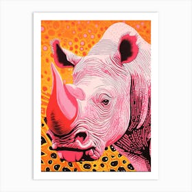Linocut Inspired Pink Orange & Yellow Rhino  1 Art Print