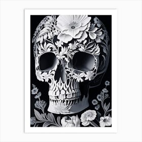 Skull With Floral Patterns 2 Pastel Linocut Art Print