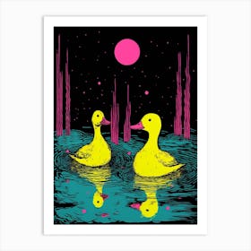 Ducklings At Night Floral Pattern 1 Art Print