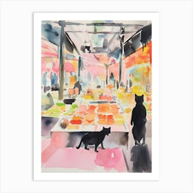 Food Market With Cats In Berlin 2 Watercolour Art Print