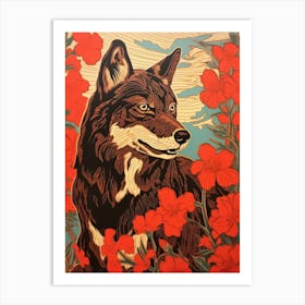 Red Wolf Vintage Woodblock 4 Art Print