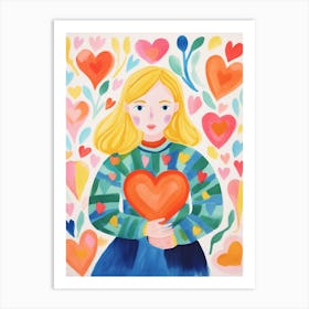 Person With Blonde Hair Holding A Heart 2 Art Print