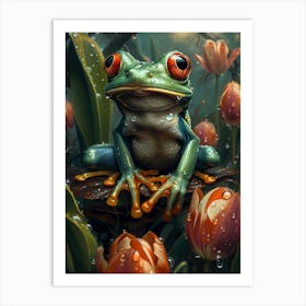 Frog with tulips 1 Art Print