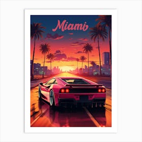 Synthwave Neon Car in Miami Night Art Print